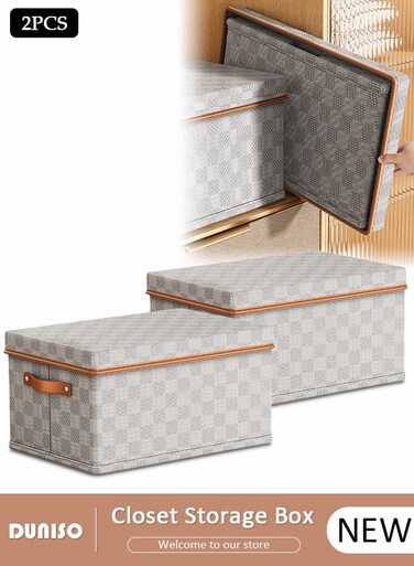 2 Pack Closet Storage Box with Lid and Handle, Stackable Wardrobe Clothes Organizer, Foldable Closet Storage Basket, Cube Storage Bins for Clothing, T-Shirt, Jeans, Sweaters, Toys &amp; Books (18L)