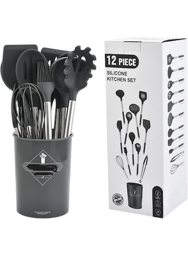 Silicone Cooking Utensils Set with Wooden Handles and Storage Holder, Heat Resistant Kitchen Tools
