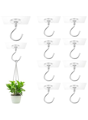 Adhesive Ceiling Hooks，10 Pack No Drill Ceiling Hanging Hook for Hanging Plants Lanterns,Wind Chimes Stainless Steel Outdoor Adhesive Hooks