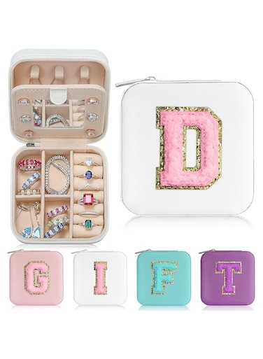Parima Initial Jewelry Box for Women Girls, White Jewelry Travel Case   Chenille Letter Patches Jewelry Box   Multifunctional Personalized Travel Jewelry Case   Birthday Gifts for Women Girls