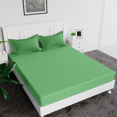 MAXQON Fitted Bed Sheet +2Pcs Pillow Covers, Double Size 120x200+15cm, Color Green