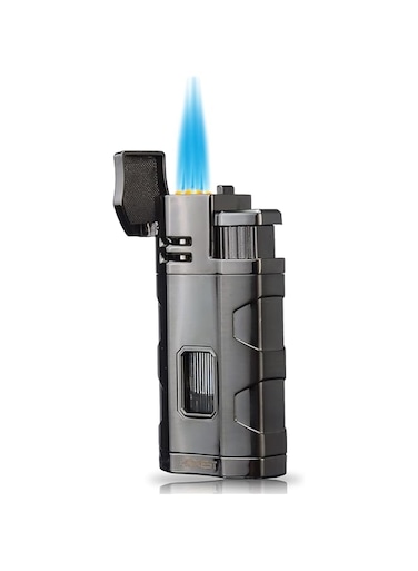 PROMISE Windproof Torch Lighter 3 Jet Flame Butane Rechargeable Gas Lighter with cigar holder(Gunmetal)