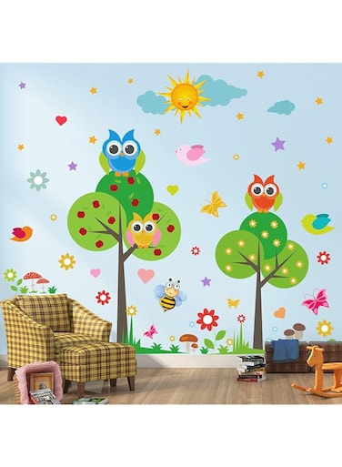 DRWSSR Animal Wall Sticker for Kids Flower Bird Butterfly Wall Decal DIY Removable Peel and Stick Sun Big Green Tree Decor Colorful Wallpaper for Kids Baby Bedroom Living Room Home Nursery Playroom