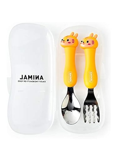 Entweg Kids Silverware 2Pcs Kids Silverware Travel Carry Set Children Portable Tableware Toddler Utensils Kids Spoon &amp; Fork Set with Travel Case