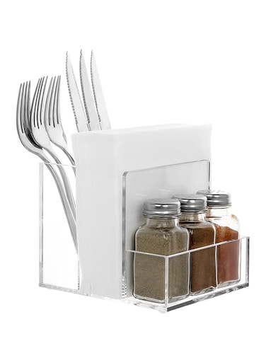 MyGift Modern Clear Premium Acrylic Napkin and Salt and Pepper Shaker Holder Flatware Caddy Buffet Server