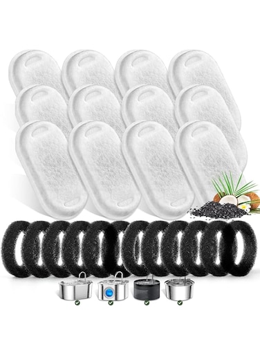 Monsin Cat Water Fountain Filters for Stainless Steel 67oz/2L Adjustable Water Flow Pet Fountain, 12 Pack Pet Replacement Filters with 12 Sponges