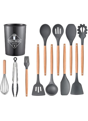 AWH ICVKRJ 12 Pcs Silicone Cooking Utensils Kitchen Utensil Set - 446&deg;F Heat Resistant,Turner Tongs, Spatula, Spoon, Brush, Whisk, Wooden Handle Gray Kitchen Gadgets with Holder for Nonstick Cookware