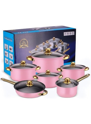 SHOPPING VIBES 12-Pcs Stainless-Steel Non-Stick Cookware Set &ndash; Cooking Pots &amp; Pans for Gourmet Meals &ndash; Durable, Easy-to-Clean Kitchen Set That Turns Every Dish into a Masterpiece! (Soft Pink)