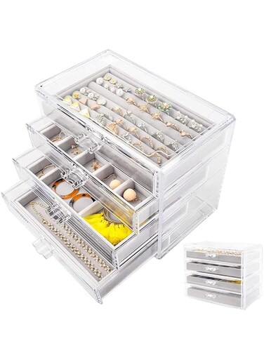 RO Jewelry Box, Acrylic Jewelry Box with 4 Drawers, Clear Jewelry Display Storage Case for Womens, Velvet Jewelry Organizer for Earring Necklace Ring &amp; Bracelet