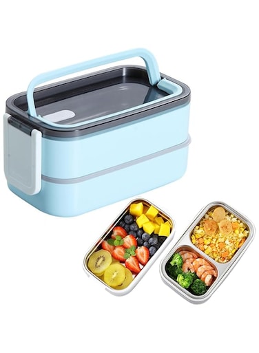 ECVV 2-Layer Leakproof Bento Box, Stainless Steel Food Meal Container, Large Lunch Box with Multi Compartment Lid Handle, Reusable Storage Box, Microwave Safe For School Office (Blue)