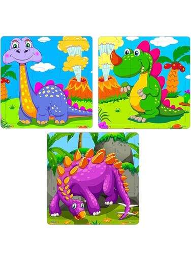 Fiddlys Fiddly Wood Jigsaw Puzzles For Children - 9 Pieces (Dinos Pack Of 3)