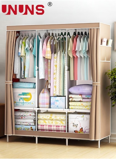 Wardrobe Storage Closet,Fabric Clothes Organizer With Side Pockets,Zipper And Hanging Rail,Foldable Non-Woven Textile Storage Clothing Rack