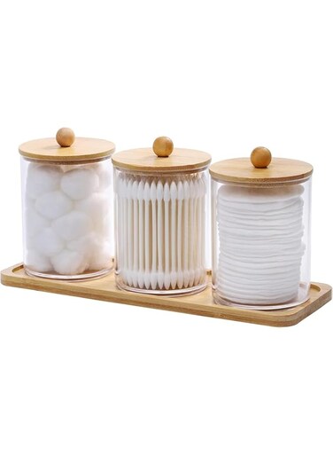 EETU Bathroom Jars Qtip Holder Dispenser,3 Pack Bathroom Jars with Bamboo Lids and Tray,Clear Containers for Small Items,Cotton Balls,Round Pads,Toothpicks Organizer,Decorative Storage Solution