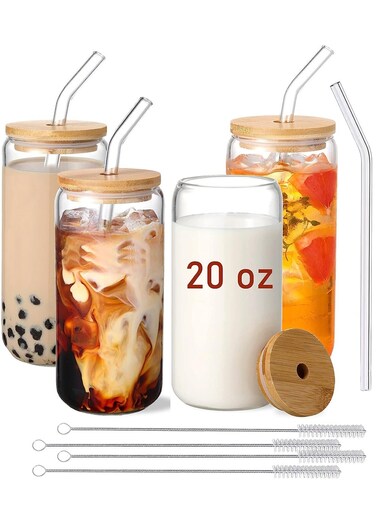 20 Oz Drinking Glasses with Bamboo Lids and Glass Straw - 4 Pcs Can Shaped Glass Cups Beer &amp; Ice Coffee Glasses Cute Tumbler Cup Great for Soda Boba Tea Cocktail Include 4 Cleaning Brushes