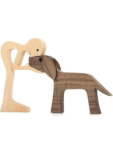 Jognee Handmade Wooden Statue, Puppy Wooden Carving Ornaments, Heart-warming Gift for Dog Lover, Craft Figurine Wood Small Decorations for Home,Office,Living Room (C - Men+dog)