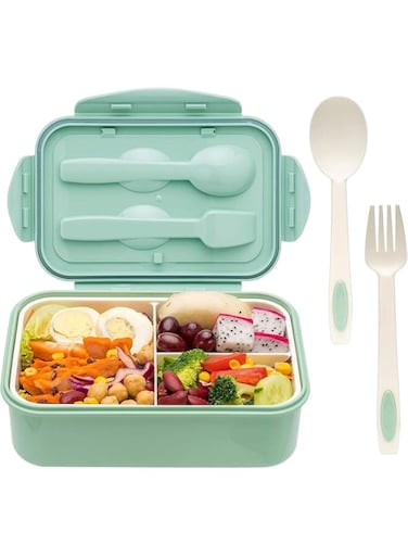 Green Bento Box, 3 Compartments 1400ml Lunch Box For Kids and Adults with Reusable Spoon and Fork, Leakproof Food Container for On the Go Meal, Microwave Safe Box