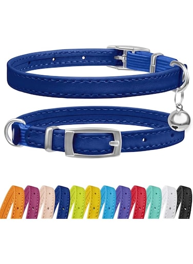 CollarDirect Leather Cat Collar with Bell - Kitten Collar, Small and Big Cat Collar for Boy Cats, Girl Cats with Safety Elastic Strap (Neck Fit 8"-11", Navy Blue)