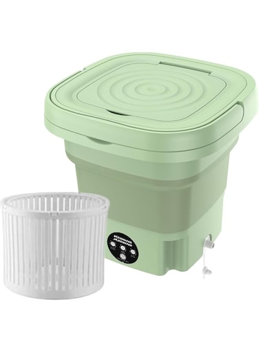 Cuddlez Mini Portable 8L Folding Washing Machine with Spin Dryer Ultrasonic Cleaning sterilization Automatic Travel Washer with Drain Basket,for Underwear Socks Baby Clothes Towels (Green)
