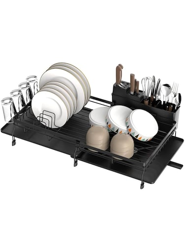 APPASO Dish Drainer Rack, Extendable Stainless Steel Rust-Resistant Dish Rack Organizer with Utensil Holder, 73cm Adjustable Length Space Saving for Kitchen Counter Storage &amp; Containers, Black