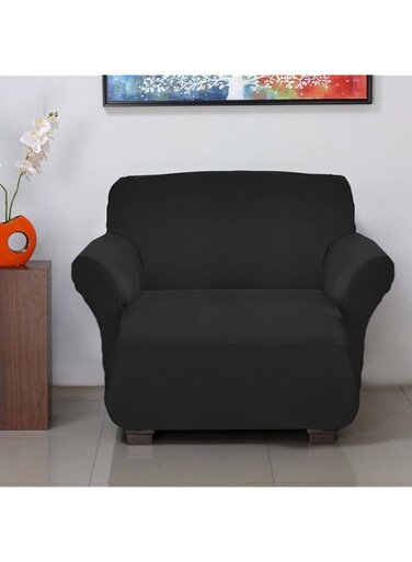 KUBER INDUSTRIES Stretchable, Non-Slip Polyster Single Seater Sofa Cover/Slipcover/Protector With Foam Stick (Black)-50KM01407