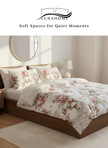 Home Queen size 6-piece set (1 Duvet cover - 200*230cm. 1 Flat sheet - 230*250cm. 4 Pillow covers - 50*75cm.). Bedding set with Burgundy roses, reversible style.