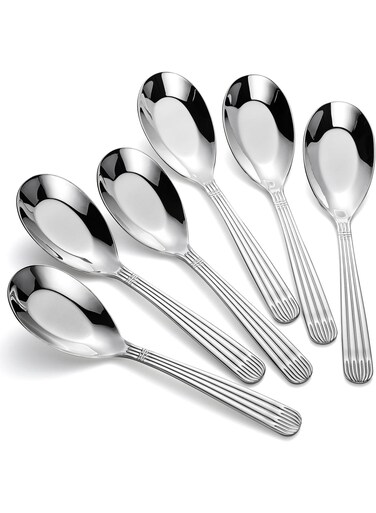 Stainless Steel Soup Spoons, Asian Ramen Spoon Set, Polished Soup Ladles for Kitchen, Restaurant, and Home Dining, Ergonomic Handle Design for Daily Meals, Noodle Dishes, and Asian Cuisine (6-Piece)