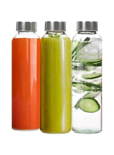 Glass Juice Bottles 500ml with Stainless Steel Lids &ndash; Reusable Borosilicate Water Bottles for Fresh Juice, Smoothies, Milk, Kombucha, Infused Water &ndash; BPA-Free Empty Bottles for Travel (Pack of 3)