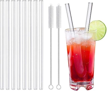 8-Pack Reusable Glass Straws, Clear Glass Drinking Straw, Size 8.5''x10 MM, Including 1 Cleaning Brush-Transparent