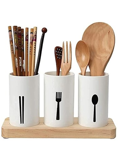Aiwanto Kitchen Utensils Caddy Flatware Organizer Cutlery Holder Chopstick Spoon Fork Drainer with Wood Base Kitchen Countertop