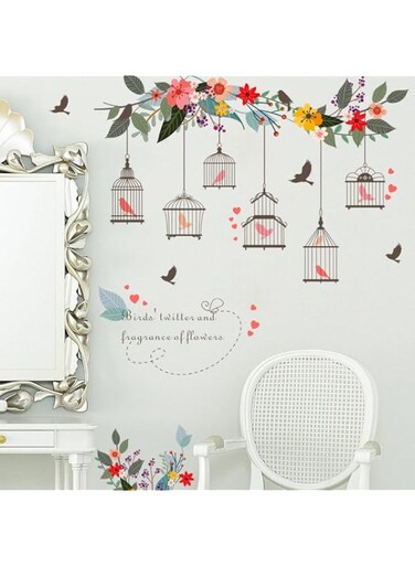 Poorminer Birdcage Wall Decal Flowers Flying Birds Wall Stickers Removable Art Wall Stickers Home d&eacute;cor PVC for Nursery Kid Room Bedroom Office Window Art Mural DIY Decoration