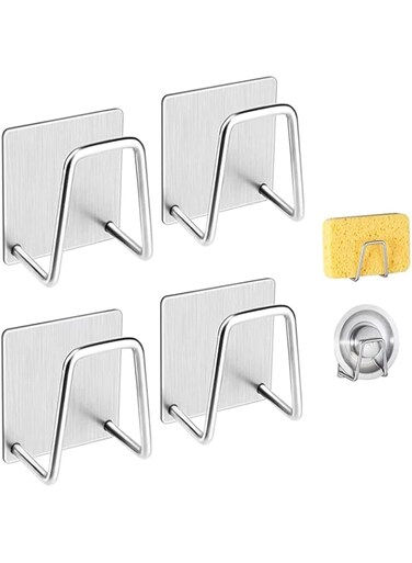 X spring Adhesive Sponge Holder, 4Pcs Waterproof Sink Sponge Holder for Sink Soap Sponge, Stainless Steel Sponge Holders with Adhesive Backing, Rustproof Kitchen Sponge Holder for Kitchen Accessories