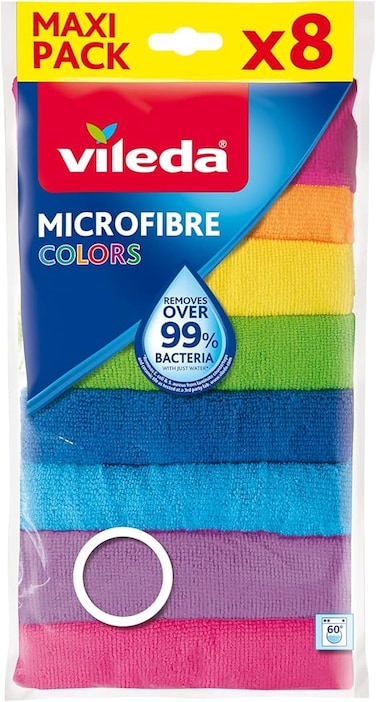 Vileda Microfibre Cloth, Absorbent, Hygienic, Versatile, Durable &amp; Washable 30x30cm - 8 Pcs