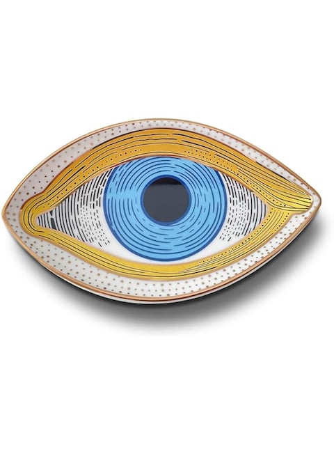 Tazweeq Exquisite Small Ceramic Jewelry Tray, Trinket Dish Evil Eye Decor, Gold Plate Ring Holder, Modern Bohemian Home Essentials, Perfume Organizer, Aesthetic Interior Decoration