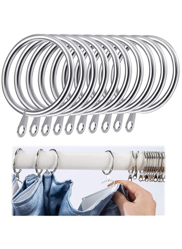 MAKINGTEC Curtain Rings,20pcs 32mm Metal Curtain Drapery Pole Rod Rings with Fixed Eyes &amp; 20pcs Plastic Curtain Hooks,Silver Metal Curtain Rings Hanging Rings for Curtains and Rods Silver