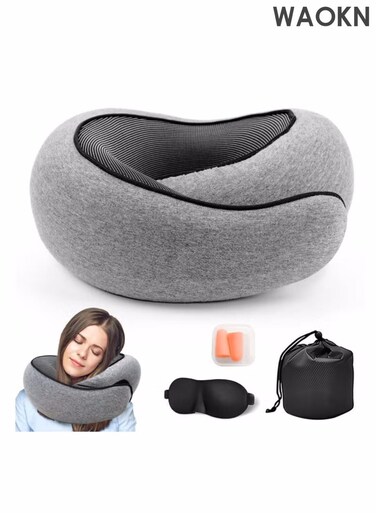 Airplane travel pillow, travel neck pillow, adult memory cotton travel neck pillow, adjustable flight pillow, ergonomic neck pad, high-quality U-shaped memory cotton pillow that can be stored, with earplugs, eye mask, handbag (gray).