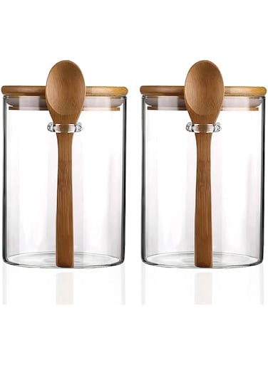Set of 2 Clear Glass Storage Canister with Wooden Spoon 420ML/15Oz, Airtight Lid Sealed Small Glass Container Jar with Scoop for Bath Salt Holder, Sugar, Spice, Coffee, Matcha Tea, Condiment, Pepper
