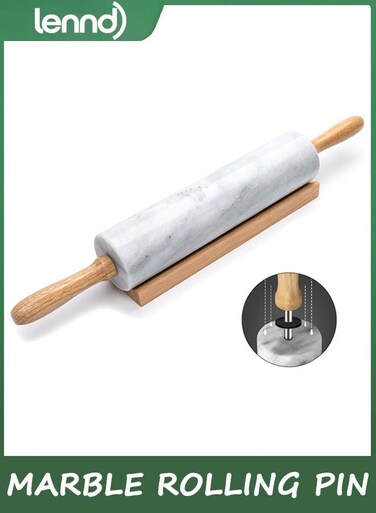 Marble Rolling Pin With Wooden Handles &amp; Wood Cradle, Marble Rolling Pins For Making Pizza Dough And Tortillas, Dough Roller For Pie Crust, Cookie, Pasta