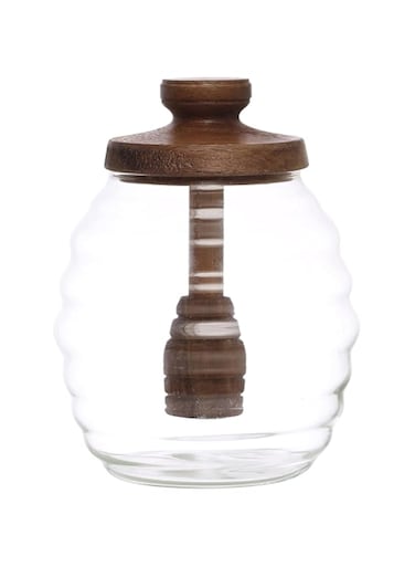 Bloomingville 4 Inches Round 14-Ounce Glass Acacia Wood Lid and Attached Dipper for Kitchen, Natural Honey Jar, Clear