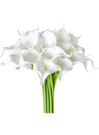 DELFINO Calla Lily Fake White Flowers Wedding Bouquet Artificial Real Touch Latex Flowers Home Wedding Party Decor 20Pcs (White)