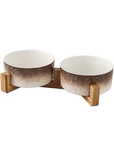 X spring Pet Ceramic Bowl, Durable Ceramic Dog and Cat Bowl, Dog Food Bowl with Wooden Stand and Non-Slip Pads, Double Dog Bowls for Food and Water (Brown)