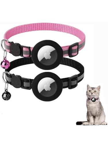 WREAGD 2Pcs Airtag Cat Collar With Breakaway Safety Buckle And Bell for Cats (Black,Pink)