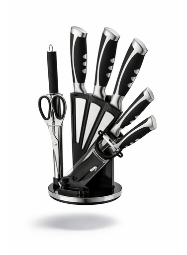9-Piece Kitchen Knife Set with Acrylic Block &acirc;&euro;&ldquo; Chef, Cleaver, Slicer, Utility, Paring, Scissors, Sharpener &amp; Peeler