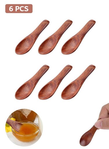 6 PCS Tiny Wooden Spoons, Mini Salt Condiment Spoon, Cute Handmade Honey Spoon for Tea Jars Sugar Pepper Coffee Ice Cream Fun Little Scoopn
