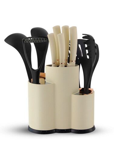 12 Pieces Kitchen Utensil Set, Knife Set, Stainless steel blades with Sleek storage rack, Non Stick Kitchen Cooking Cutlery, Includes Tongs, Spatula, Turner, Ladle, and More