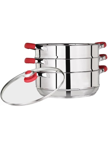 Premier Stainless Steel Induction Bottom 3 Tier Steamer with glass lid - 24 CM