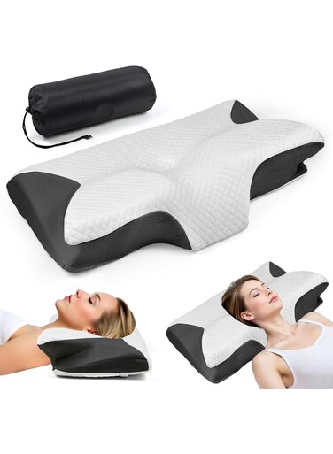 Memory Foam Neck Pillow, Ergonomic Cervical Sleeping Neck Pillow, Neck Support Pillow for Shoulder and Neck Pain Relief, Orthopedic Pillow for Side Sleeping with Washable Cover (d-Black)