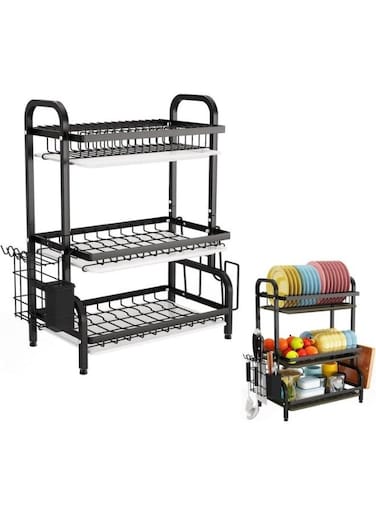 Dish Rack Drying Stand With Utensil Holder Stand For Kitchen 3 Tier Large Capacity Dish Drying Rack With Utensil Holder Cutting Board &amp; Dish Drainer Plate Holder
