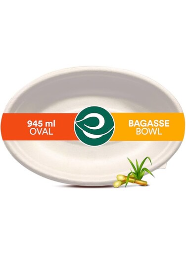 ECO SOUL [945 ml, 25 Pack Disposable Bagasse Bowls   Eco-Friendly, Biodegradable, Sugarcane Paper Bowls   for Serving Snacks &amp; Dinner   Birthday, Wedding &amp; Party   Oval, White