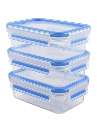 Emsa 508570 Clip &amp; Close Colour 3-Piece Set Of Food Storage Containers 0.55 Litres, Transparent/Blue