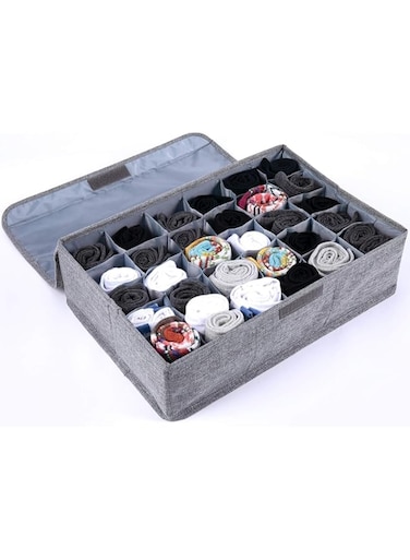 Socks Organizer with Lid, 30 Cell Underwear Drawer Organizer Foldable Closet Storage Box for Ties, Lingeries, Socks - Gray